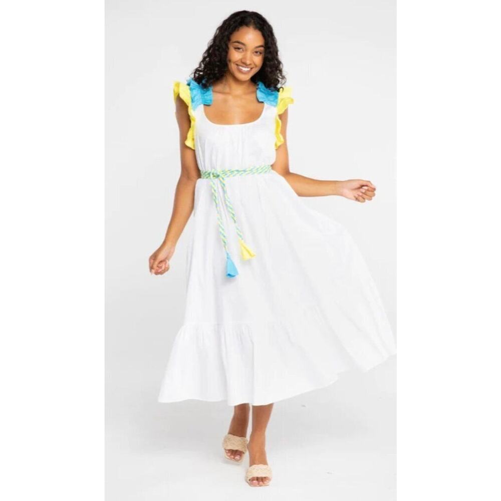 ALDEN ADAIR Sz XS White Blue Yellow Lilah Midi Dress NWT